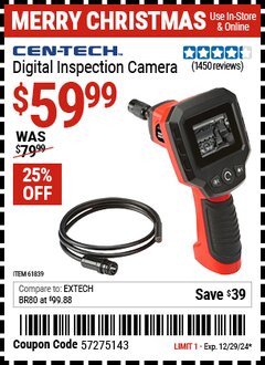 Harbor Freight Coupon CEN-TECH DIGITAL INSPECTION CAMERA Lot No. 61839 Expired: 12/29/24 - $59.99