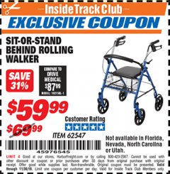 Harbor Freight ITC Coupon SIT-OR-STAND BEHIND ROLLING WALKER Lot No. 62547 Expired: 10/30/18 - $59.99