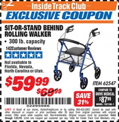 Harbor Freight ITC Coupon SIT-OR-STAND BEHIND ROLLING WALKER Lot No. 62547 Expired: 1/31/19 - $59.99
