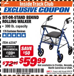 Harbor Freight ITC Coupon SIT-OR-STAND BEHIND ROLLING WALKER Lot No. 62547 Expired: 9/30/19 - $59.99