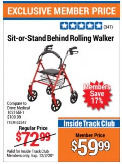 Harbor Freight ITC Coupon SIT-OR-STAND BEHIND ROLLING WALKER Lot No. 62547 Expired: 12/3/20 - $59.99