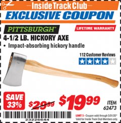 Harbor Freight ITC Coupon 4-1/2 LB. HICKORY AXE Lot No. 62473/98096 Expired: 3/31/20 - $19.99
