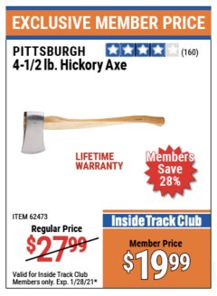 Harbor Freight ITC Coupon 4-1/2 LB. HICKORY AXE Lot No. 62473/98096 Expired: 1/28/21 - $19.99