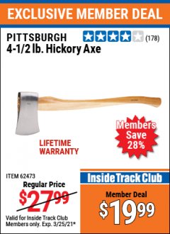 Harbor Freight ITC Coupon 4-1/2 LB. HICKORY AXE Lot No. 62473/98096 Expired: 3/25/21 - $19.99