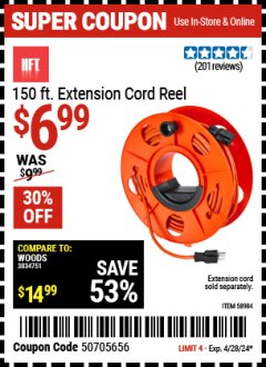Harbor Freight Coupon 150 FT. MANUAL EXTENSION CORD REEL Lot No. 62954/39343 Expired: 4/22/24 - $6.99