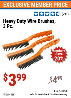 Harbor Freight ITC Coupon 3 PIECE HEAVY DUTY WIRE BRUSHES Lot No. 45661 Expired: 9/30/20 - $3.99