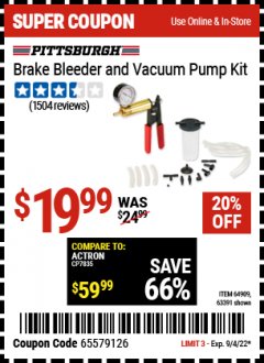 Harbor Freight Coupon BRAKE BLEEDER AND VACUUM PUMP KIT Lot No. 63391 Expired: 9/4/22 - $19.99