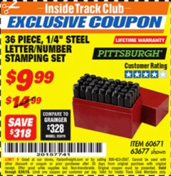 Harbor Freight ITC Coupon PITTSBURGH 1/4 IN. STEEL LETTER/NUMBER STAMPING SET, 36-PIECE Lot No. 63677 Expired: 9/30/18 - $9.99
