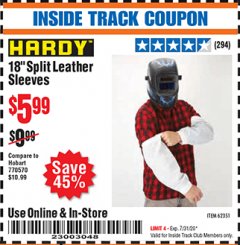 Harbor Freight ITC Coupon 18" SPLIT LEATHER SLEEVES Lot No. 62351 Expired: 7/31/20 - $5.99