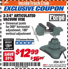 Harbor Freight ITC Coupon 2-3/4" ARTICULATED VACUUM VISE Lot No. 3311 Expired: 9/30/19 - $12.99