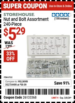 Harbor Freight Coupon STOREHOUSE NUT AND BOLT ASSORTMENT, 240-PIECE Lot No. 67532 Valid Thru: 3/8/26 - $5.29