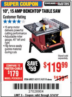 Harbor Freight Coupon 10", 15 AMP BENCHTOP TABLE SAW Lot No. 45804/63117/64459/63118 Expired: 5/14/18 - $119.99