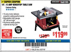 Harbor Freight Coupon 10", 15 AMP BENCHTOP TABLE SAW Lot No. 45804/63117/64459/63118 Expired: 5/27/18 - $119.99