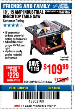 Harbor Freight Coupon 10", 15 AMP BENCHTOP TABLE SAW Lot No. 45804/63117/64459/63118 Expired: 7/22/18 - $109.99