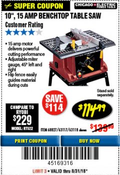 Harbor Freight Coupon 10", 15 AMP BENCHTOP TABLE SAW Lot No. 45804/63117/64459/63118 Expired: 8/31/18 - $114.99