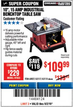 Harbor Freight Coupon 10", 15 AMP BENCHTOP TABLE SAW Lot No. 45804/63117/64459/63118 Expired: 9/2/18 - $109.99