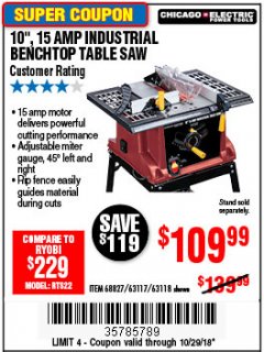 Harbor Freight Coupon 10", 15 AMP BENCHTOP TABLE SAW Lot No. 45804/63117/64459/63118 Expired: 10/29/18 - $109.99