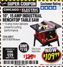 Harbor Freight Coupon 10", 15 AMP BENCHTOP TABLE SAW Lot No. 45804/63117/64459/63118 Expired: 11/30/18 - $109.99