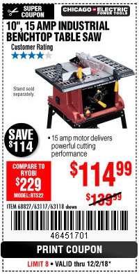 Harbor Freight Coupon 10", 15 AMP BENCHTOP TABLE SAW Lot No. 45804/63117/64459/63118 Expired: 12/2/18 - $114.99