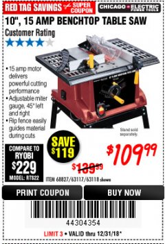 Harbor Freight Coupon 10", 15 AMP BENCHTOP TABLE SAW Lot No. 45804/63117/64459/63118 Expired: 12/31/18 - $109.99