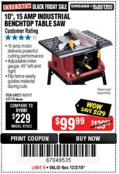 Harbor Freight Coupon 10", 15 AMP BENCHTOP TABLE SAW Lot No. 45804/63117/64459/63118 Expired: 12/2/18 - $99.99