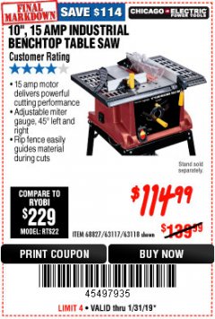 Harbor Freight Coupon 10", 15 AMP BENCHTOP TABLE SAW Lot No. 45804/63117/64459/63118 Expired: 1/31/19 - $114.99