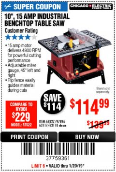 Harbor Freight Coupon 10", 15 AMP BENCHTOP TABLE SAW Lot No. 45804/63117/64459/63118 Expired: 1/20/19 - $114.99