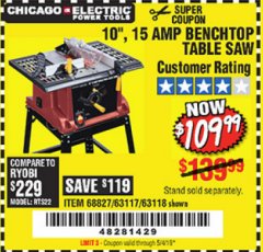 Harbor Freight Coupon 10", 15 AMP BENCHTOP TABLE SAW Lot No. 45804/63117/64459/63118 Expired: 5/4/19 - $109.99