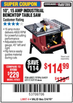 Harbor Freight Coupon 10", 15 AMP BENCHTOP TABLE SAW Lot No. 45804/63117/64459/63118 Expired: 2/4/19 - $114.99