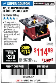 Harbor Freight Coupon 10", 15 AMP BENCHTOP TABLE SAW Lot No. 45804/63117/64459/63118 Expired: 2/17/19 - $114.99