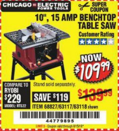 Harbor Freight Coupon 10", 15 AMP BENCHTOP TABLE SAW Lot No. 45804/63117/64459/63118 Expired: 6/15/19 - $109.99