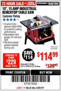 Harbor Freight Coupon 10", 15 AMP BENCHTOP TABLE SAW Lot No. 45804/63117/64459/63118 Expired: 4/28/19 - $114.99