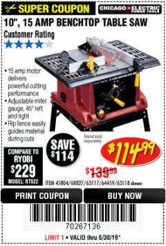 Harbor Freight Coupon 10", 15 AMP BENCHTOP TABLE SAW Lot No. 45804/63117/64459/63118 Expired: 6/30/19 - $114.99
