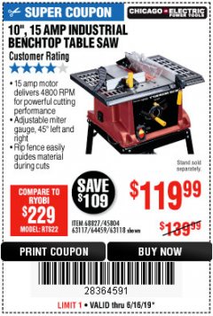 Harbor Freight Coupon 10", 15 AMP BENCHTOP TABLE SAW Lot No. 45804/63117/64459/63118 Expired: 6/16/19 - $119.99