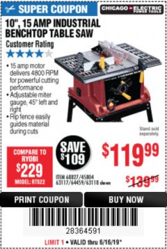 Harbor Freight Coupon 10", 15 AMP BENCHTOP TABLE SAW Lot No. 45804/63117/64459/63118 Expired: 6/30/19 - $119.99