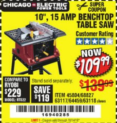 Harbor Freight Coupon 10", 15 AMP BENCHTOP TABLE SAW Lot No. 45804/63117/64459/63118 Expired: 10/14/19 - $109.99