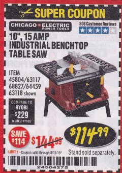 Harbor Freight Coupon 10", 15 AMP BENCHTOP TABLE SAW Lot No. 45804/63117/64459/63118 Expired: 8/31/19 - $114.99