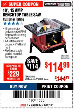 Harbor Freight Coupon 10", 15 AMP BENCHTOP TABLE SAW Lot No. 45804/63117/64459/63118 Expired: 9/22/19 - $114.99
