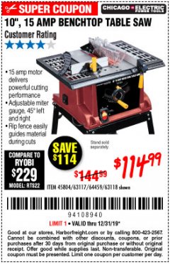 Harbor Freight Coupon 10", 15 AMP BENCHTOP TABLE SAW Lot No. 45804/63117/64459/63118 Expired: 12/31/19 - $114.99