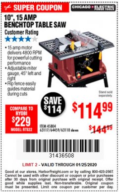 Harbor Freight Coupon 10", 15 AMP BENCHTOP TABLE SAW Lot No. 45804/63117/64459/63118 Expired: 1/25/20 - $114.99
