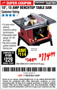 Harbor Freight Coupon 10", 15 AMP BENCHTOP TABLE SAW Lot No. 45804/63117/64459/63118 Expired: 1/6/20 - $114.99