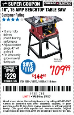 Harbor Freight Coupon 10", 15 AMP BENCHTOP TABLE SAW Lot No. 45804/63117/64459/63118 Expired: 2/7/20 - $109.99