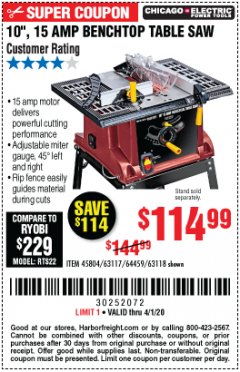 Harbor Freight Coupon 10", 15 AMP BENCHTOP TABLE SAW Lot No. 45804/63117/64459/63118 Expired: 4/1/20 - $114.99