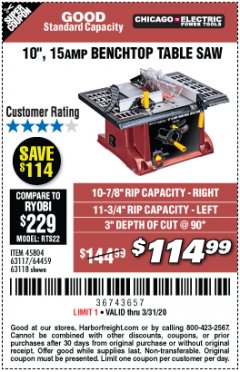 Harbor Freight Coupon 10", 15 AMP BENCHTOP TABLE SAW Lot No. 45804/63117/64459/63118 Expired: 3/31/20 - $114.99