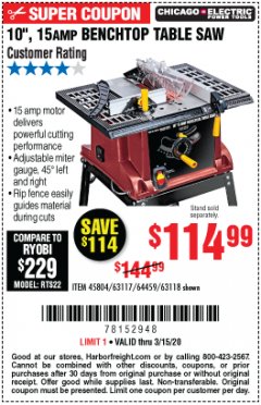Harbor Freight Coupon 10", 15 AMP BENCHTOP TABLE SAW Lot No. 45804/63117/64459/63118 Expired: 3/15/20 - $114.99