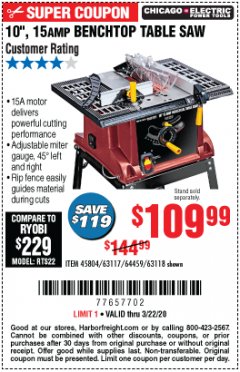 Harbor Freight Coupon 10", 15 AMP BENCHTOP TABLE SAW Lot No. 45804/63117/64459/63118 Expired: 3/22/20 - $109.99