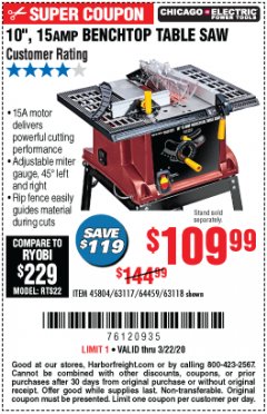 Harbor Freight Coupon 10", 15 AMP BENCHTOP TABLE SAW Lot No. 45804/63117/64459/63118 Expired: 3/22/20 - $109.99