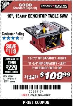 Harbor Freight Coupon 10", 15 AMP BENCHTOP TABLE SAW Lot No. 45804/63117/64459/63118 Expired: 6/30/20 - $109.99