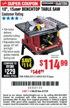 Harbor Freight Coupon 10", 15 AMP BENCHTOP TABLE SAW Lot No. 45804/63117/64459/63118 Expired: 6/30/20 - $114.99