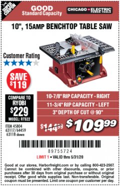 Harbor Freight Coupon 10", 15 AMP BENCHTOP TABLE SAW Lot No. 45804/63117/64459/63118 Expired: 6/30/20 - $109.99